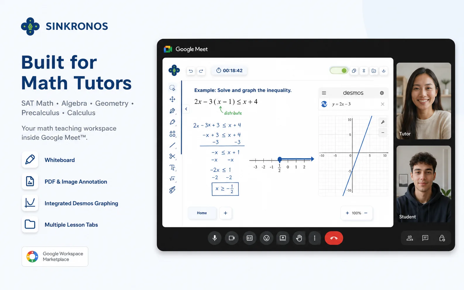 A tutor and student in a Google Meet call with an inequality solved on the Sinkronos whiteboard beside a Desmos graph