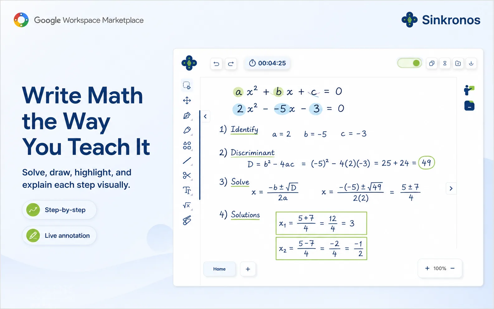 The Sinkronos whiteboard showing a quadratic solved in four labelled steps with the coefficients highlighted